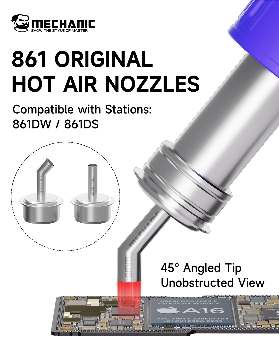 Hot Air Rework Station 861Dw - ชุดหัวฉีดลมร้อน Mechanic 861 - แบบตรงและแบบ 45
