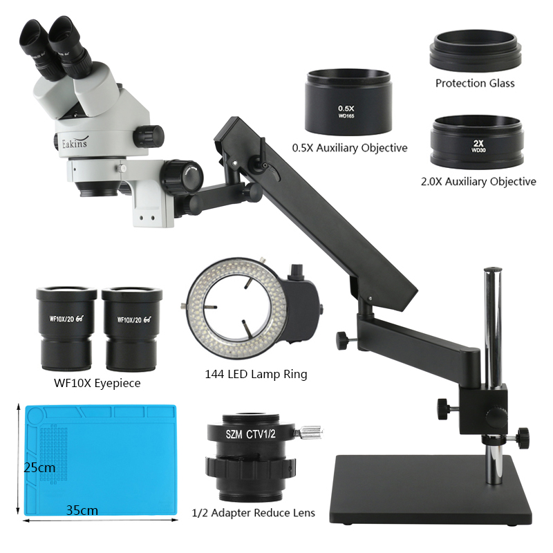 Trinocular Stereo Microscope 7X-45X - ขาตั้งกล้องจุลทรรศน์แบบสเตอริโอสำหรับตรวจสอบแผงวงจรพิมพ์ในงานอุตสาหกรรม พร้อมแขนปรับได้ ซูม 3.5X-90X แบบสามตา